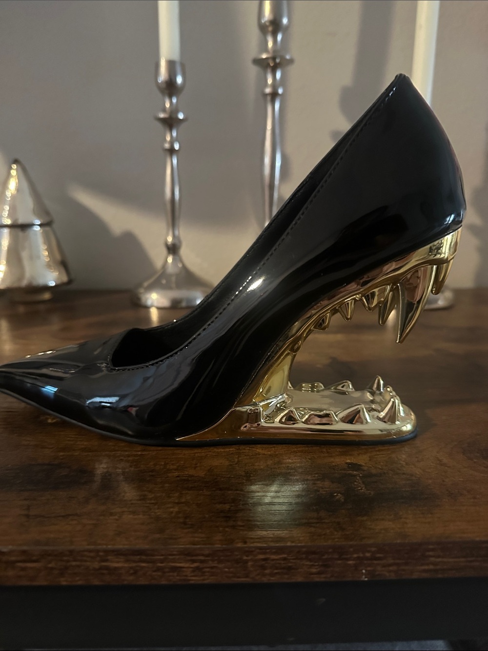 Classic Black Patent Heels with Sculpted Gold Heel